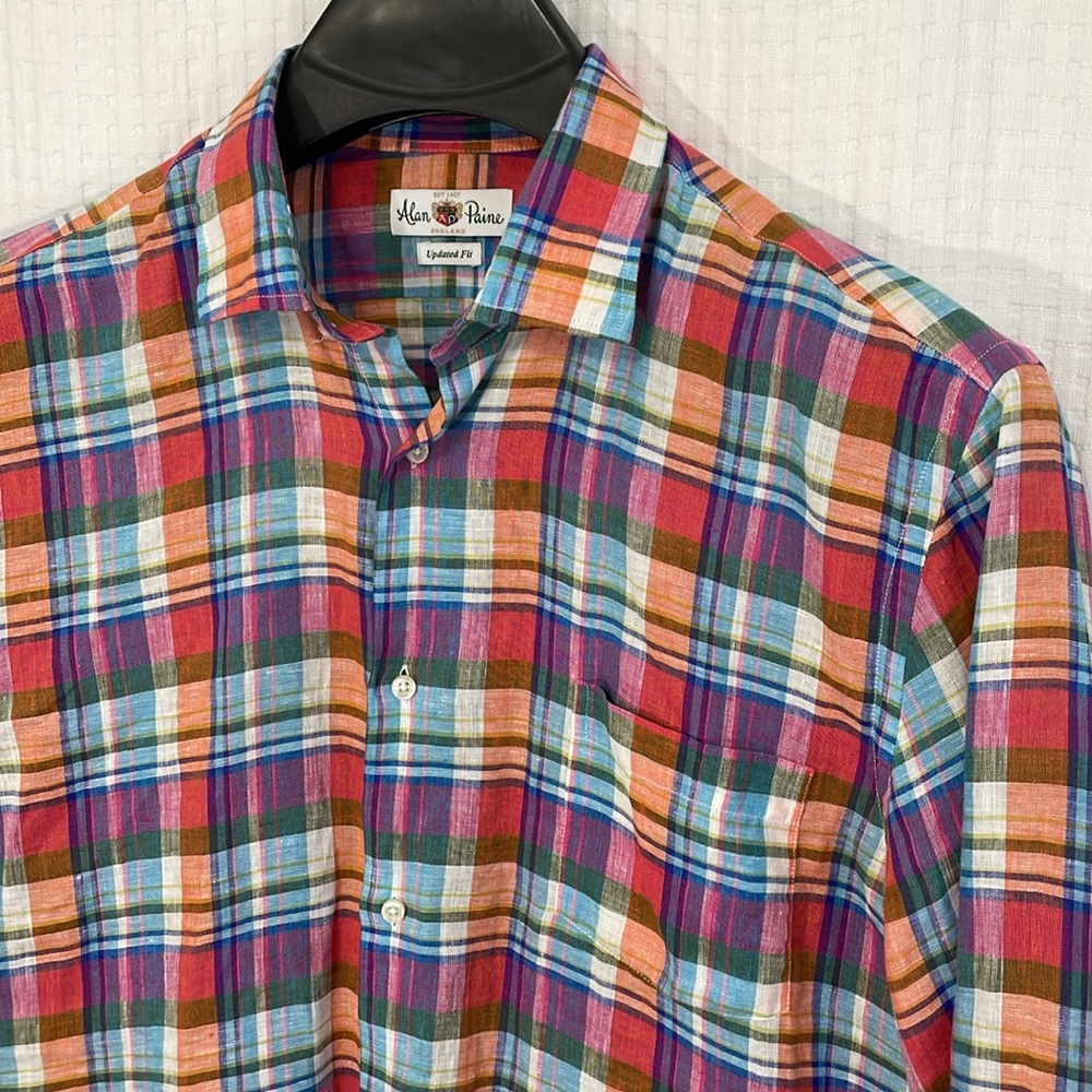 Alan Payne men’s Large 100% Linen multicolor plaid long sleeve shirt. EUC - Picture 2 of 8